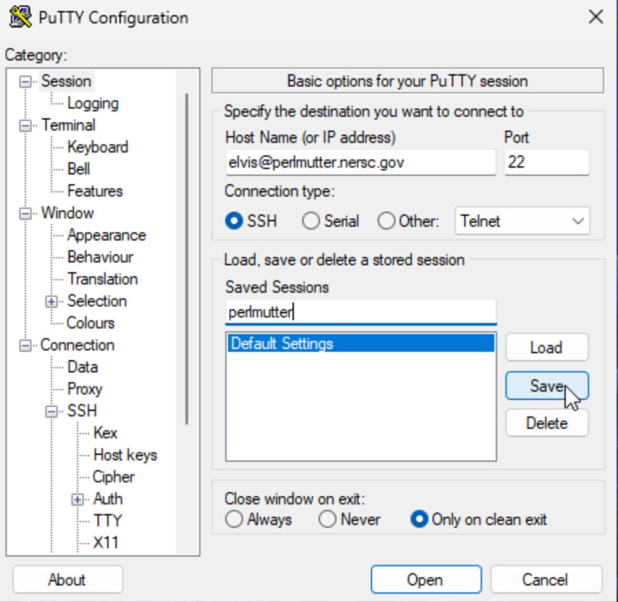 Screenshot of PuTTy configuration