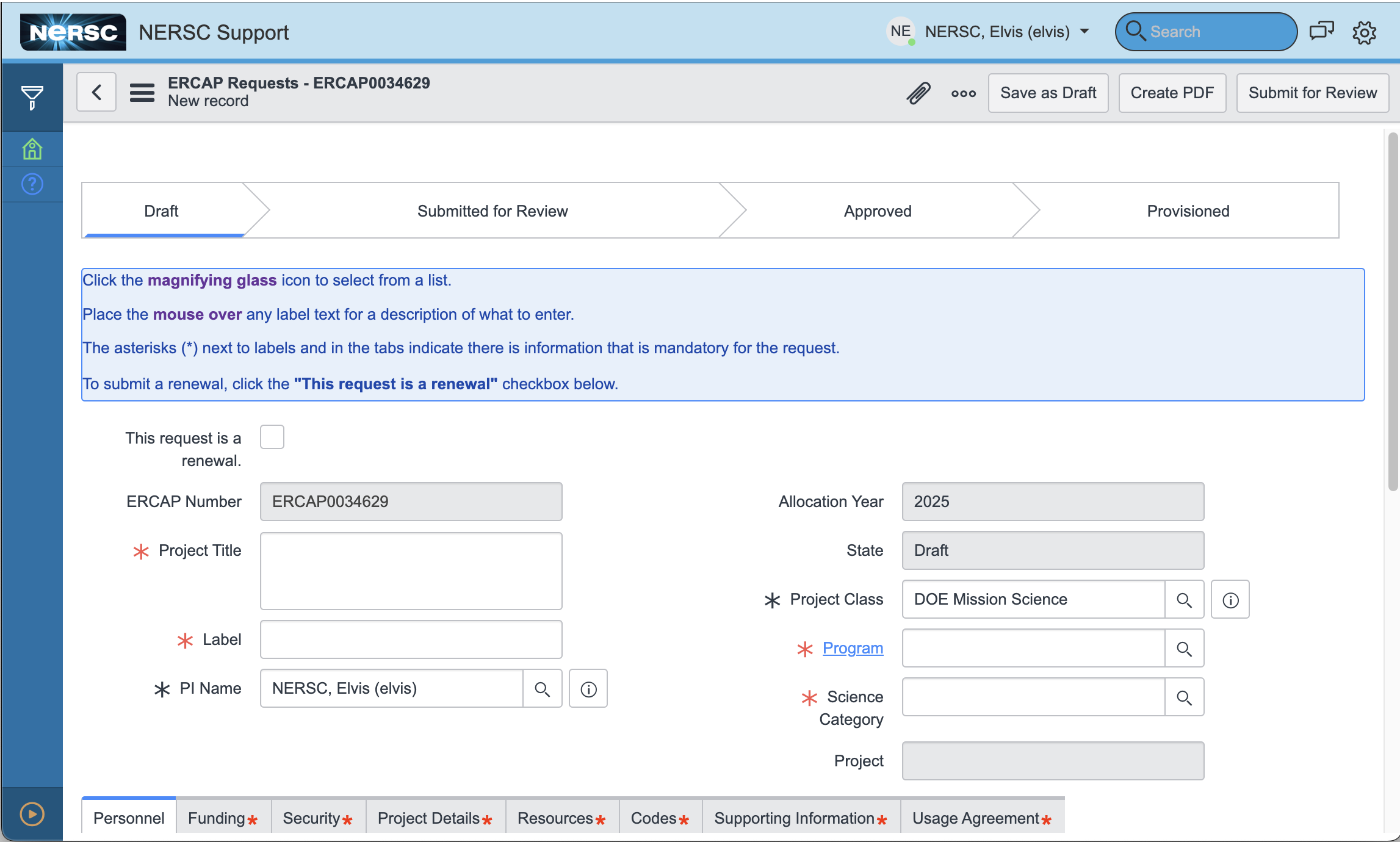 ERCAP request form