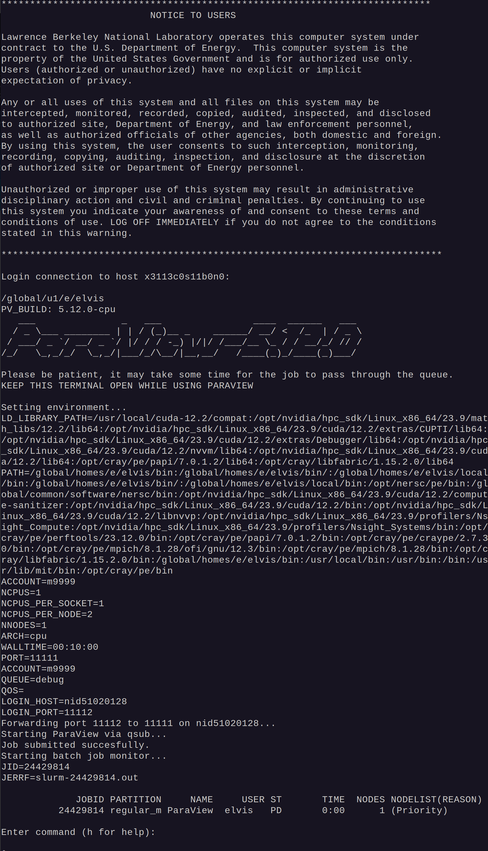 Terminal session with ParaView ascii art, last line is "Press: u to print job status or q to quit."