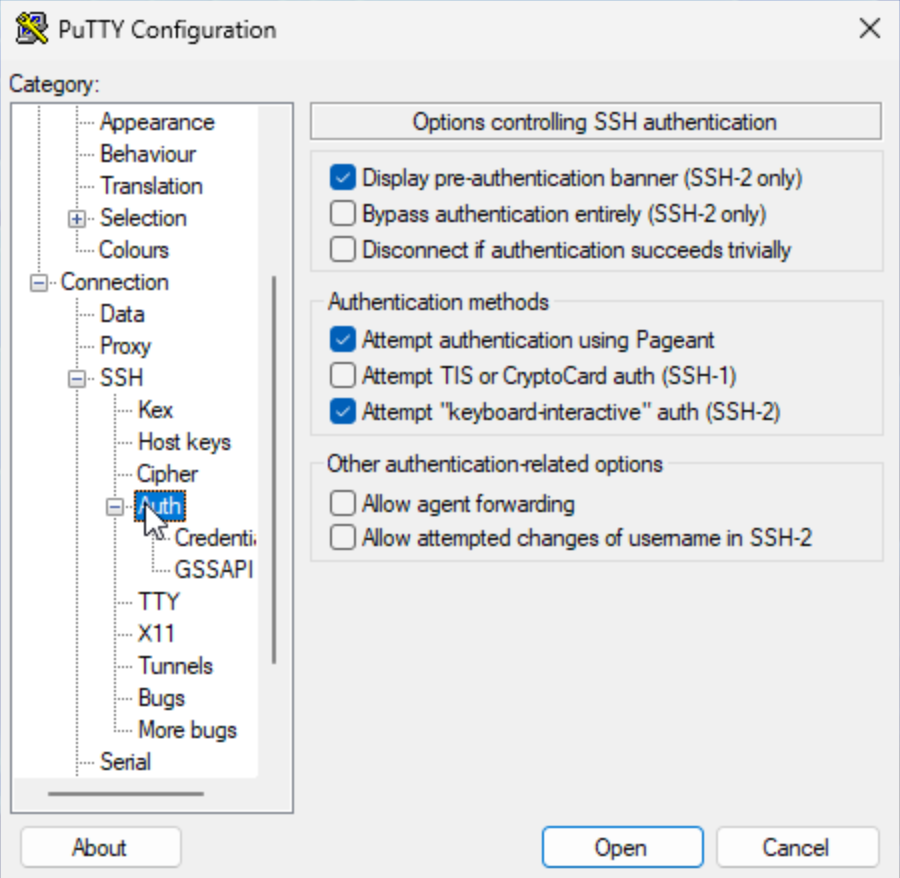 Screenshot of PuTTy configuration
