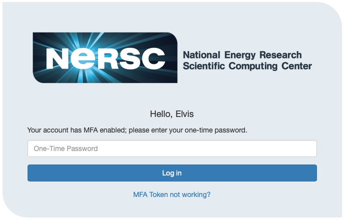 NERSC login page, one-time password prompt