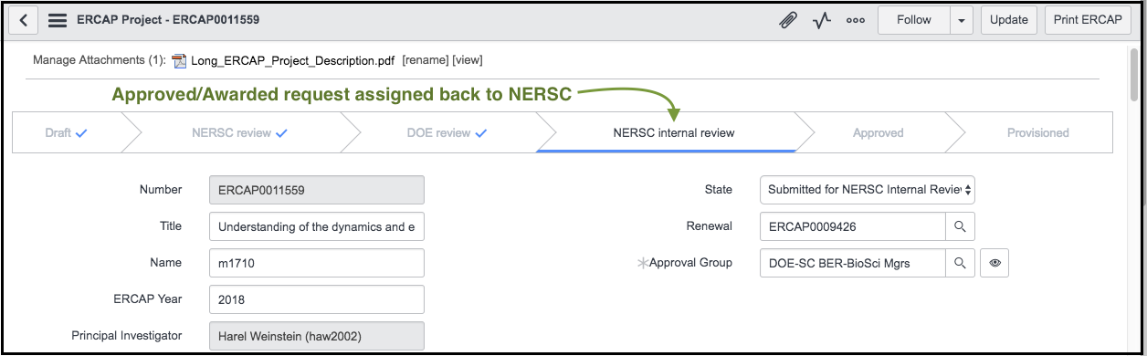 Approved request goes back to NERSC