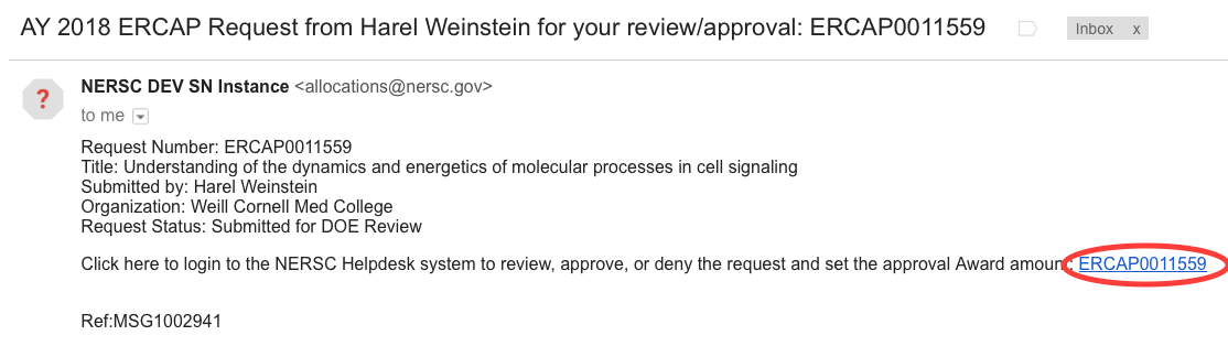 DOE Review Notification email