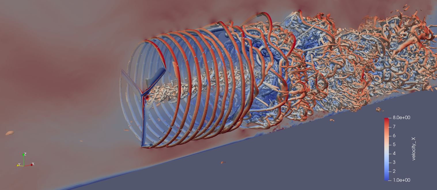 ExaWind ParaView snapshot of the instantaneous flowfield for an NM-80 rotor